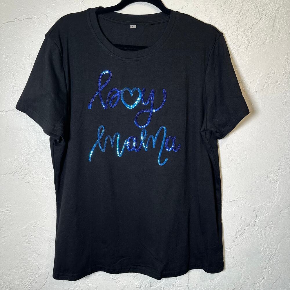 NWOT Boy Mama T-Shirt Large Black Tee Blue Sequins Mom Tee Gift